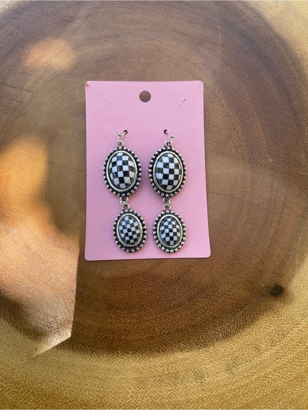Checkerboard Oval Drop Earrings - Black and White
